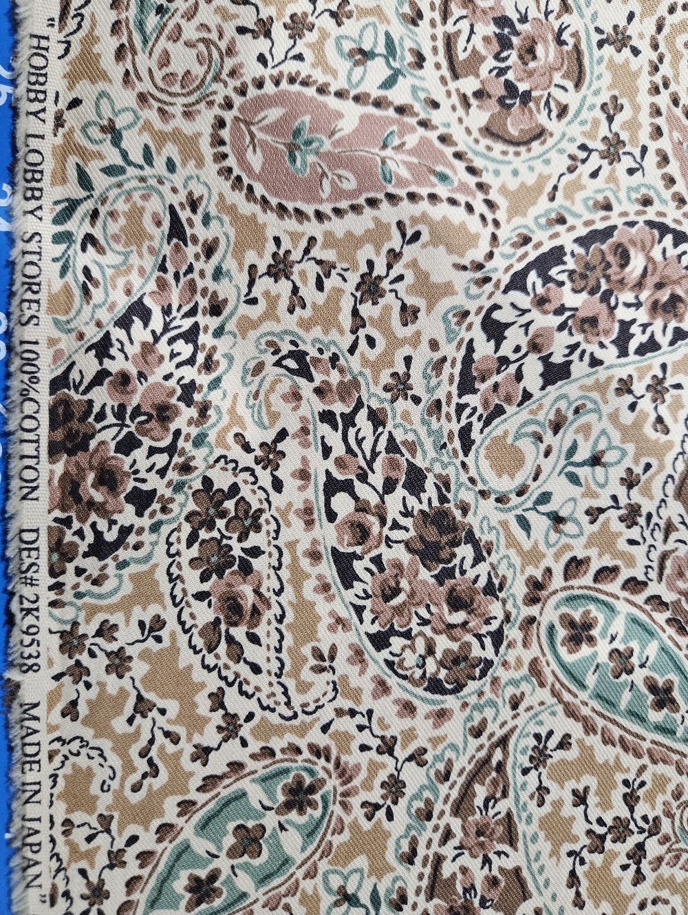 Vintage Paisley Print Beige, Brown & Teal Cotton Fabric By The Yard - Picture 4 of 4
